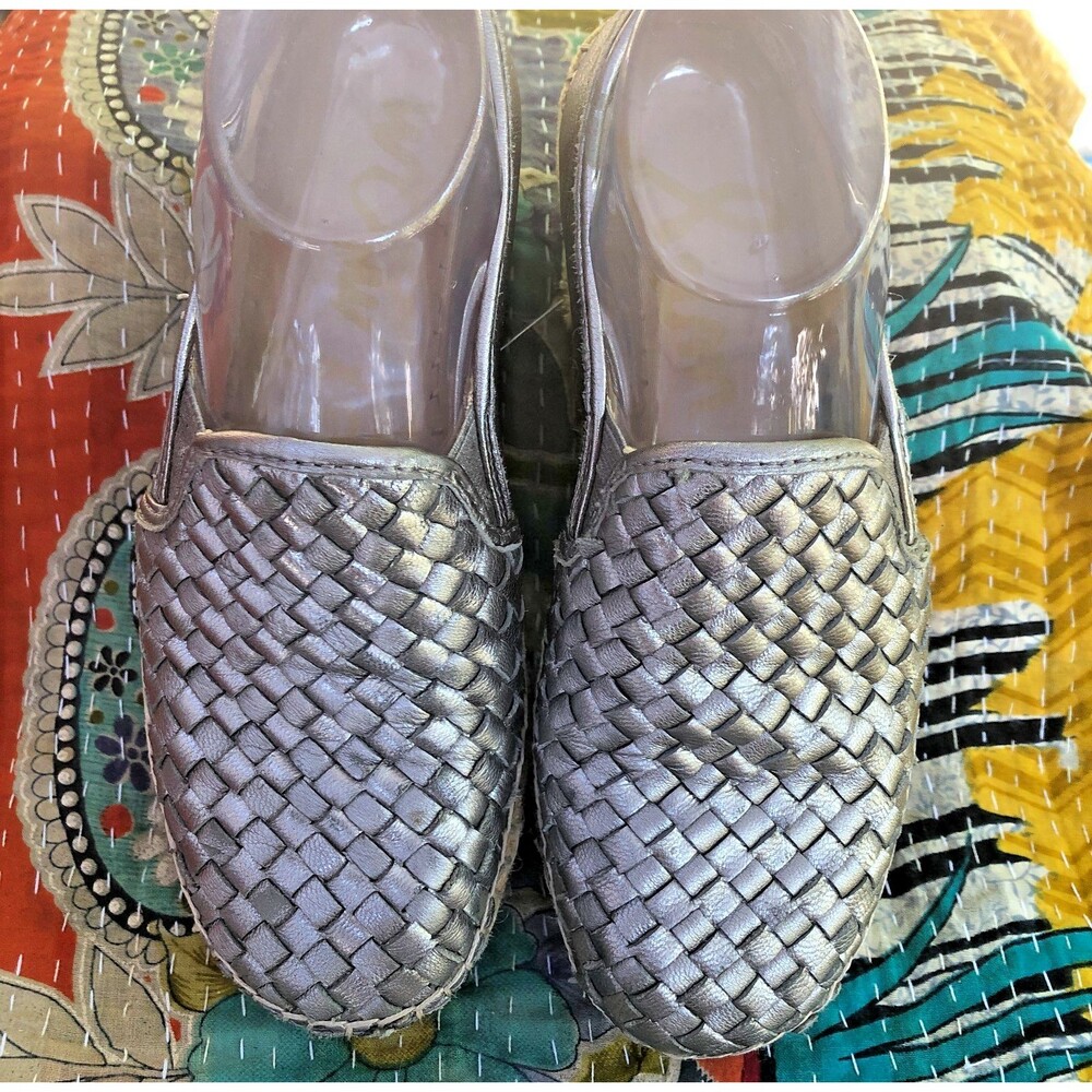 SAM EDELMAN CATHERINE Metallic Gray Woven Leather Espadrille Loafers 7.5 - Picture 3 of 14